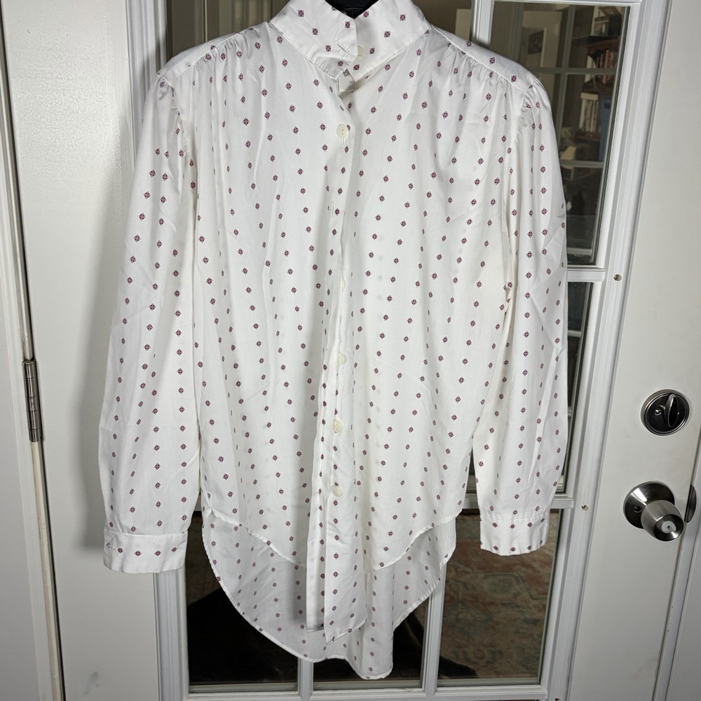 Vintage You Babes White Pink Geometric Print Secretary Blouse High Collar Medium